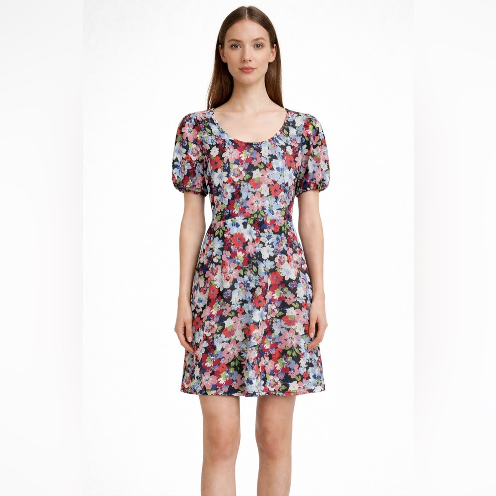 Suzy Shier Floral Fit & Flare Dress Open Back Cottagecore S Feminine Red Pink - Picture 12 of 12